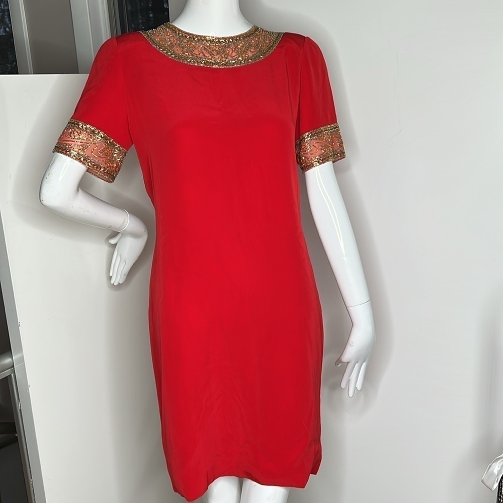 Bob Mackie Sz 8 Red Shift Beaded Collar and Cap Sleeve Dress